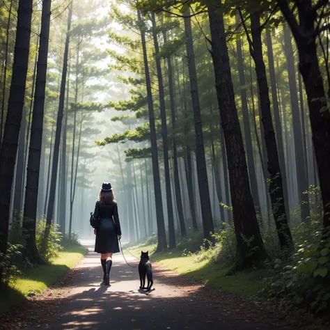 She walks with her black cat through the forest 