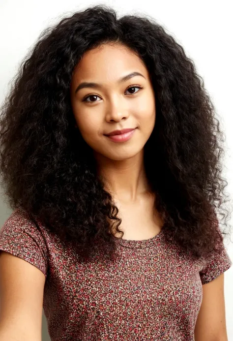 Create a selfie of a beautiful year 25 old girl of mixed black and japanese descent zoomed out.  Affro hair