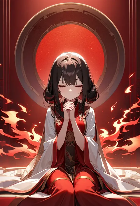 A serene Chinese ancient beauty kneels on a crimson backdrop, her hands pressed together in reverence as she whispers prayers to the heavens. Eyes shut in contemplation, her solemn yet breathtakingly lovely face reflects a deep sense of devotion. The fiery...