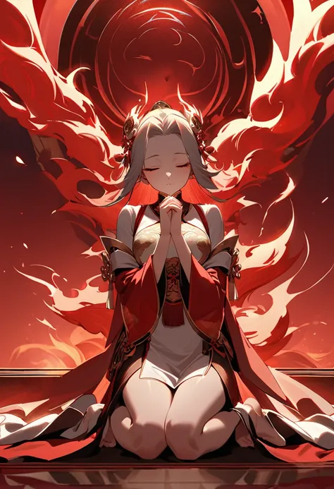 A serene Chinese ancient beauty kneels on a crimson backdrop, her hands pressed together in reverence as she whispers prayers to the heavens. Eyes shut in contemplation, her solemn yet breathtakingly lovely face reflects a deep sense of devotion. The fiery...