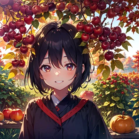 an illustration of a girl, Autumn, fruit trees, trees with red leaves, apples, pears, chestnuts, sweet potatoes, muscats, big smile, (5 yo:1.3), solo,(ultra detailed perfect piece), illustration, masterpiece, (extremely detailed CG 8k), (very fine 8K CG),