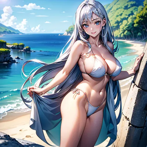 (masterpiece、Highest quality、High resolution、Highest quality、Realistic depiction)Created by Girl(whole body)、Long silver hair、Beautiful Eyes、White Bikini、Emphasizing body lines、Sexy pose、From the back、Big Breasts、Chest、Sticking out your ass、valley、smile、Be...