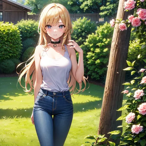 (best quality,4K,high resolution,masterpiece:1.2),Super detailed, Outdoor scene with 1girl, blonde hair, Long curly hair, gray eyes, and medium breasts. The girl in the white jacket, collar, tank top and jeans. The scene is set in a beautiful garden，flower...