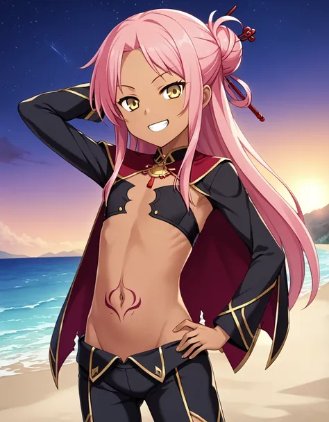 chloebase, pink hair, long hair, hair bun, hairpin, yellow eyes, dark skin, dark-skinned female, long sleeves, stomach tattoo, midriff, waist cape, 1girl, solo, younger, flat chest,
high quality, solo, night sky, beach, arm behind head, hand on hip, contra...