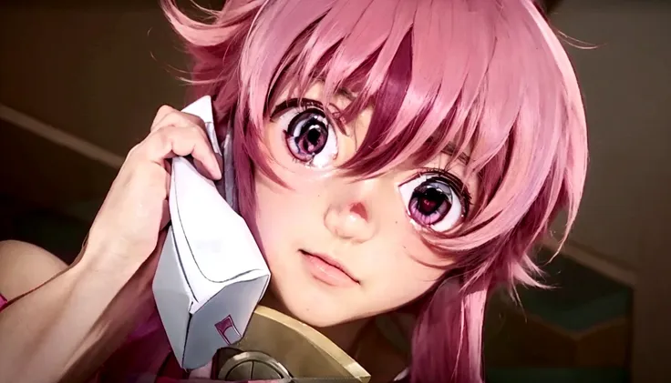 Anime girl with pink hair talking on cell phone., Mirai Nikki, anime movie screenshot, guro anime screenshot, doki doki literature club, Frame from the anime de televisión, screenshot from a 2012 anime, Frame from the anime, visual anime of a cute girl, cl...