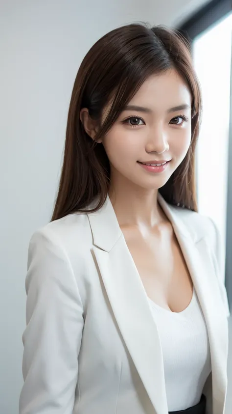 southeast Asian woman, Age 20-30 years old, slim woman, with collar bone, brown hair, small breast, young professional look, wearing formal attire, color white blazer, color white inner shirts, smiling on the camera, decent looks, angel face, loose close u...