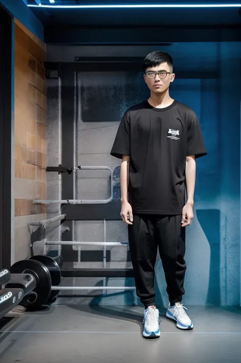 21 year old Beijing boy, he is wearing a oversize xxl blue plain t-shirt, he is wearing black trousers, he is wearing sneakers, he is wearing glasses, city, full body,  he is buzz cut Hair, foot, walking, fitness center 