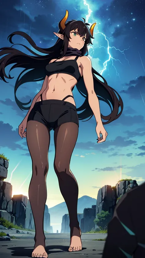 ((1girl,solo,mature female,25s,adult)),long hair, black hair,angry,horns,elf ears,black scarf,cleavage,((dark skin)),((black sports bra, midriff)),((pantyhoses)),night, Vast sky, fireflies, fantasy,night scenery, rain,thunder clouds,walking,lightning,light...