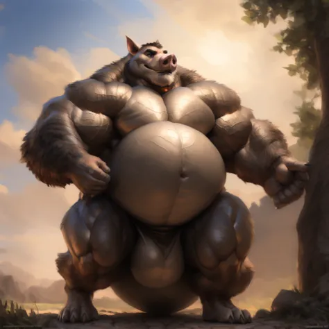 Zootopia Pig Shonen Anime style, full body image, Casual, neighborhood style, big obese Kid (very Hairy), in Zootopia toga clothes, He is a huge obese Sumo in huge obese weight gain process, detailed face, detailed eyes, detailed nose, defined face, big be...