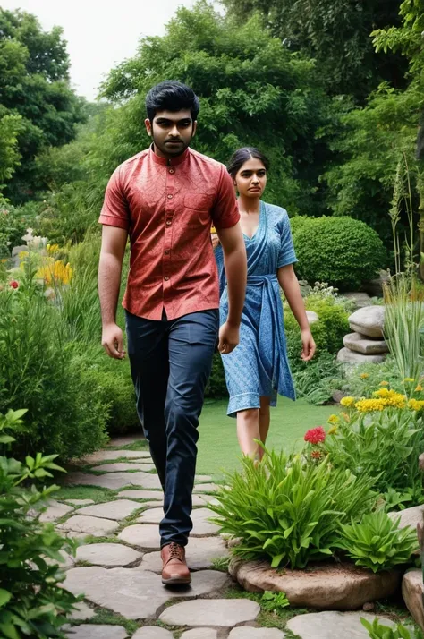 a 25 years old indian man walking in a garden, his girlfriend is seting on a stone