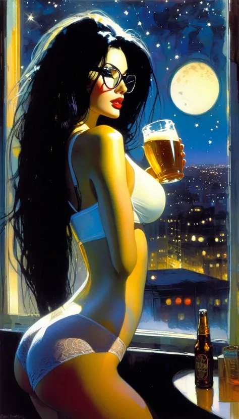 very sexy girl, long black hair, glasses, panties and transparent white tank top, pronounced nipples, small breasts, lascivious look, beer, large window with views of the night, stars, moon, (art inspired by Bill Sienkiewicz). oil painting)
