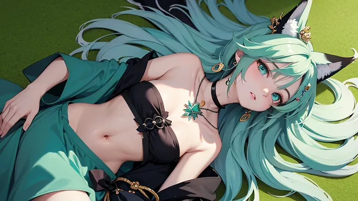 flat２D Anime Illustration。Emerald Punk Background。Ultra high definition。Enraged, he turns his face away。Lying on the floor。Off-the-shoulder clothing。Navel clothes。Beauty。Long white hair and fox ears。Big bust。Many earrings。Many necklaces。Many brooches。Many ...