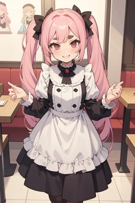 young girl with pink hair long twin-tail hairstyle, small thick eyebrows, with gothic lolita clothes, lolicon (zankuro) drawing ...