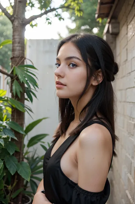 A beautiful girl with smooth white skin with black hair and blue eyes, wearing a beautiful black dress and visible from the side.