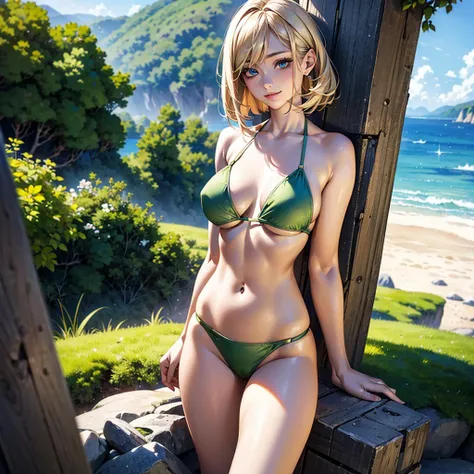 (masterpiece、Highest quality、High resolution、Highest quality、Realistic depiction)Created by Girl(whole body)、Blonde Bob Hair、Beautiful Eyes、Green Bikini、Emphasizing body lines、Sexy pose、from the front、Big Breasts、Chest、chest emphasis、Chest、slouch、valley、sm...