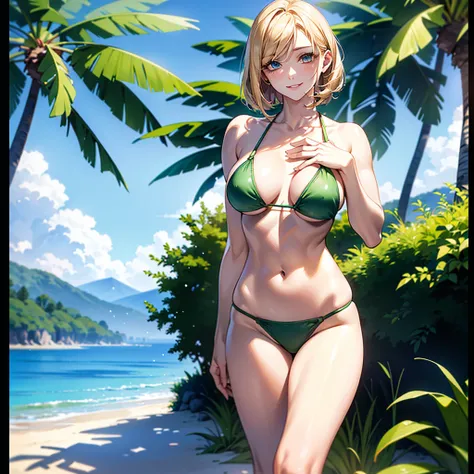 (masterpiece、Highest quality、High resolution、Highest quality、Realistic depiction)Created by Girl(whole body)、Blonde Bob Hair、Beautiful Eyes、Green Bikini、Emphasizing body lines、Sexy pose、from the front、Big Breasts、Chest、chest emphasis、Chest、slouch、valley、sm...