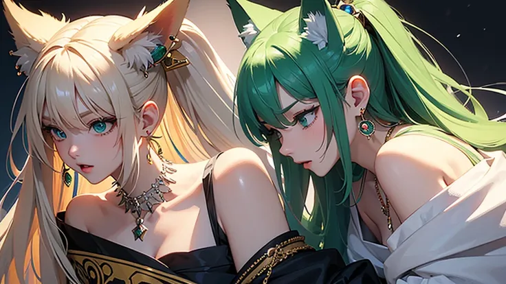 High angle bust zoom up。flat２D Anime Illustration。Emerald Punk Background。Ultra high definition。Enraged, he turns his face away。Lying on the floor。Off-the-shoulder clothing。Navel clothes。Beauty。Long white hair and fox ears。Huge bust。Many earrings。Many neck...