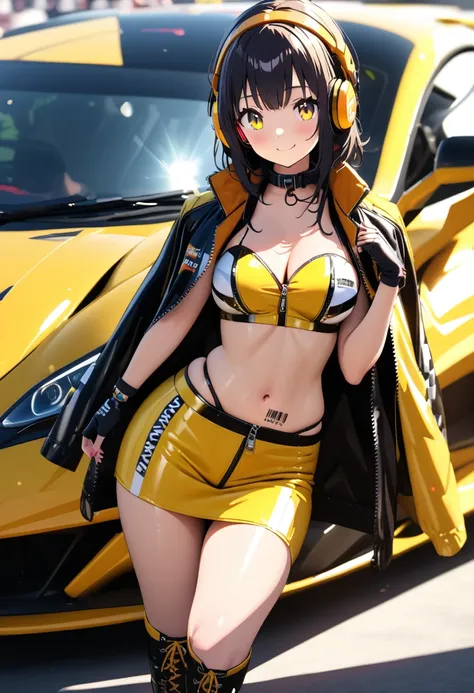 (extremely detailed fine touch:1.3), (hard light, light rays, dappled light, reflection, shadows, ray tracing:1.0), (2D:1.3), (kawaii girl: 1.3), (barcode tattoo: 1.3), super very black short hair,, highlight in eyes, smile, BREAK, (((yellow glasses:1.3)))...