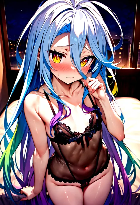 NSFW,masterpiece,Highest quality,High resolution,Super detailed,Shiro (no game No life),Long Hair,Multicolored Hair,Hair between the eyes,Gradient Hair,Yellow Eyes,Flat Chest,High-quality sexy lingerie,Love Hotel at Night,Embarrassed,blush