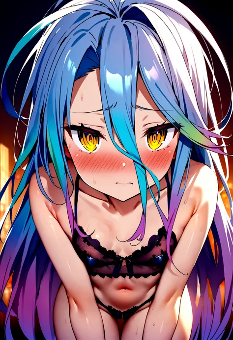 NSFW,masterpiece,Highest quality,High resolution,Super detailed,Shiro (no game No life),Long Hair,Multicolored Hair,Hair between the eyes,Gradient Hair,Yellow Eyes,Flat Chest,High-quality sexy lingerie,Love Hotel at Night,Embarrassed,blush