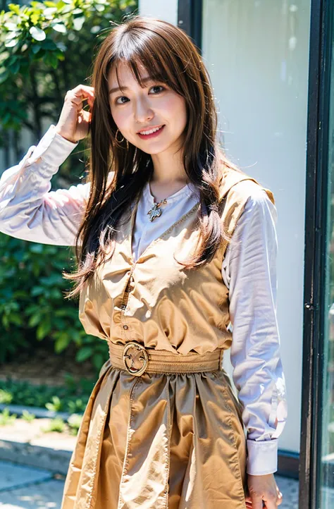 drooping eyes（（cream hair color、砂浜でsmileで撮影:1.4））、sleeveless、outdoor shots、cute clothes、cream hair color、leather belt、her huge b...