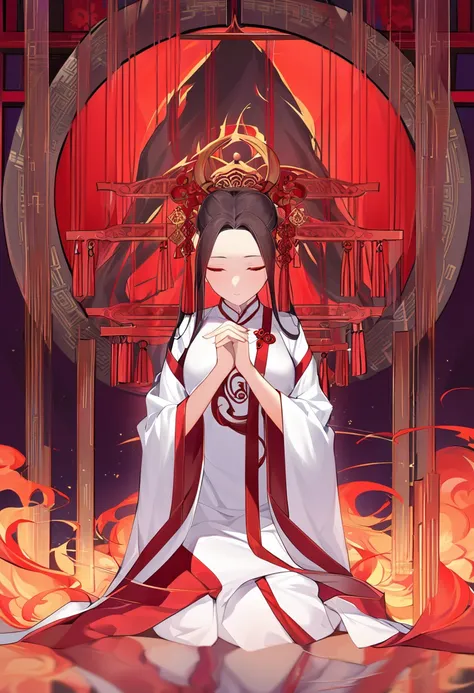 A serene Chinese ancient beauty kneels on a crimson backdrop, her hands pressed together in reverence as she whispers prayers to the heavens. Eyes shut in contemplation, her solemn yet breathtakingly lovely face reflects a deep sense of devotion. The fiery...