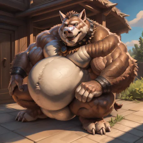 Zootopia Pig Shonen Anime style, full body image, Casual, neighborhood style, big obese Kid (very Hairy), in Zootopia toga clothes, He is a huge obese Sumo in huge obese weight gain process, detailed face, detailed eyes, detailed nose, defined face, big be...