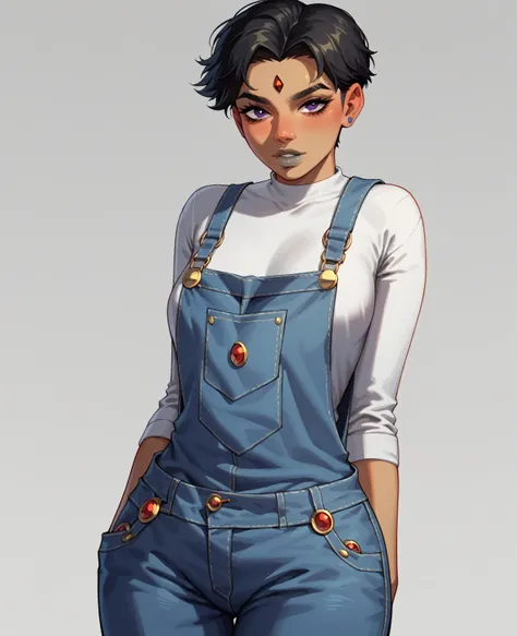 source_anime, 2d, 1girl, looking at viewer, starblack \ (teen titans\), overalls