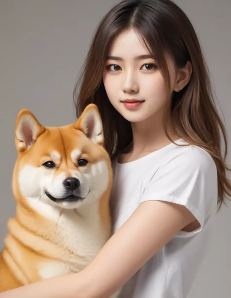 Attractive girl playing with young Shiba Inu,Compressed Realism