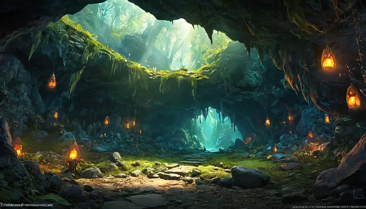 (anime, fantasy), (best quality, high resolution, depth of filed, HDR:1.2), (goblin cave, cavern interior, bones, small boulders scattered, mysterious, dark hue), fantastical landscapes, vibrant colors, spooky, dark enchanted, dangerous atmosphere, beautif...