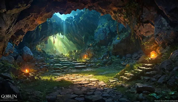 (anime, fantasy), (best quality, high resolution, depth of filed, HDR:1.2), (goblin cave, cavern interior, bones, small boulders scattered, mysterious, dark hue), fantastical landscapes, vibrant colors, spooky, dark enchanted, dangerous atmosphere, beautif...