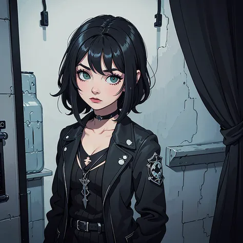 Create a comic-style image of a young woman with short black hair and green eyes. She is wearing a black jacket over a black dress and has gothic-style makeup. She is in a room with gothic decorations, standing and looking at the viewer. The image should b...