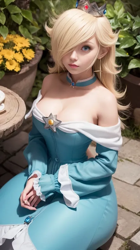 Masterpiece, best quality, nitid, ultra detailed, finely detail eyes, 1girl, medium chest,blonde hair,color eyes, blue eyes,grey short blunt bangs,dark victorian maid, smile,off shoulder