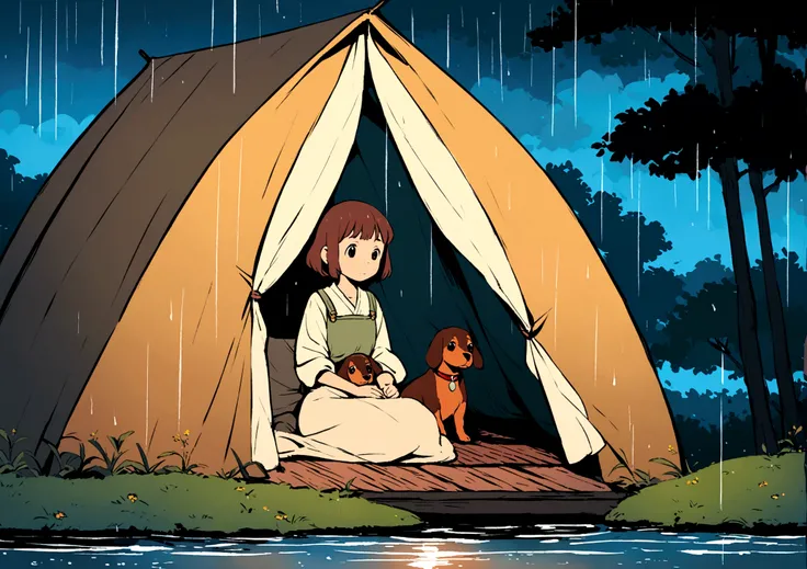 Create a vibrant and detailed image in the style of Studio Ghibli, inspired by "Princess Mononoke." The scene is set inside a cozy tent at night, with rain gently pattering against the tents surface, creating a soothing atmosphere. Inside the tent, a minia...