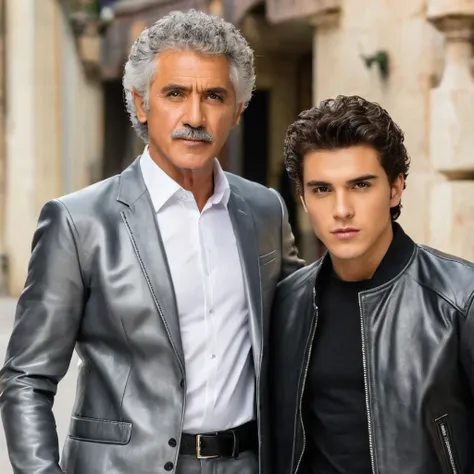 the old man has slightly curly hair, wears a gray suit and the young man wears a black leather jacket