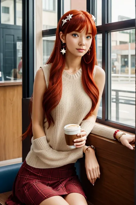 Nthis girl is holding a drink while sitting near a window in a anime style, 1girl, jewelry, long hair, solo, coffee shop background, looking at viewer, red hair breasts, skirt, red hair, sleeveless, cup, blush, earrings, bracelet, coffee cup, sweater, itsu...