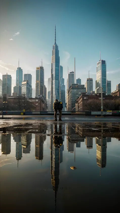 Prompt:- A captivating and cinematic photo capturing a unique perspective. A pair of brown boots stands at the edge of a water-filled puddle, reflecting an upside-down cityscape. Towering buildings and an airplane soar through the sky, as if the wearer is ...