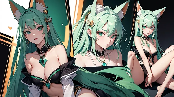 High angle bust zoom up。flat２D Anime Illustration。Emerald Punk Background。Ultra high definition。Enraged, he turns his face away。Sitting flat on the floor。Belly button exposed。Mature woman with long white hair and fox ears。Huge bust。Many earrings。Many neckl...