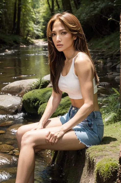 jennifer lopez is beautiful, long straight hair, wearing a cropped tank top and shorts, sitting cross-legged on the bank of a stream, rock, forest.