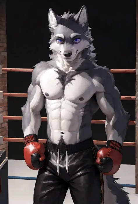 4K, high resolution, best qualityer, perfect colors, perfectly shadowed, perfect lighting,velues, anthropo, velues art, male wolf, gray wolf, (two tone skin), hairy bodies, purples eyes, (seducing gaze), body skinny, perfect male figure, Wear mens boxing p...