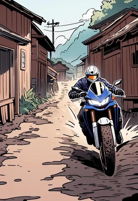 a man riding an yamaha motorcycle, fast, in a village, muddy road, bold outline