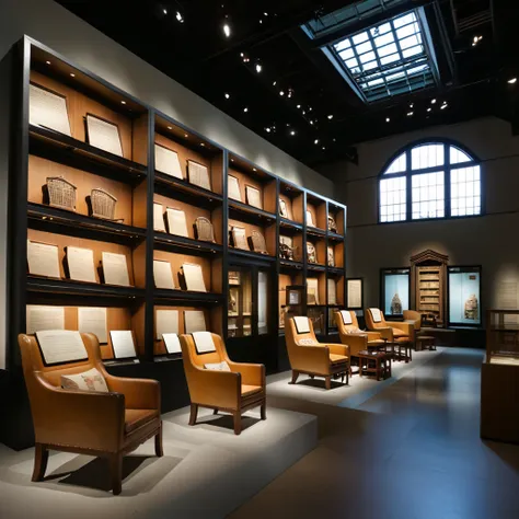 Large space with high ceilings、Large windows let in natural light、The shelves display chairs from different eras and styles.。Information plaques are placed next to each chair.、Visitors viewing the exhibit