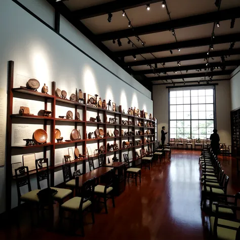 Large space with high ceilings、Large windows let in natural light、The shelves display chairs from different eras and styles.。Information plaques are placed next to each chair.、Visitors viewing the exhibit