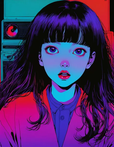 illust、art、from 80s horror movie, directed by Junji Ito、Twin girls、high detail, realsitic shadow、Analog style, vhs style, 8mm film, chromatic aberration, Dvd screengrab、Blue-purple and red-purple gradation、Surrealism