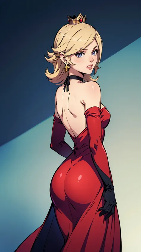 rosalina, crown, red dress, long dress, strapless dress, backless dress, long white elbow gloves, smile, light red lipstick, dark purple eye shadow, makeup, black choker, cowboy shot