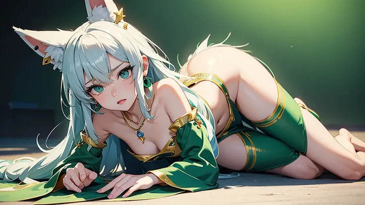 The whole body was painted１Beautiful women。High angle bust zoom up。flat２D Anime Illustration。Emerald Punk Background。Ultra high definition。Enraged, he turns his face away。Sitting flat on the floor。Belly button exposed。Long white hair and fox ears。Huge bust...