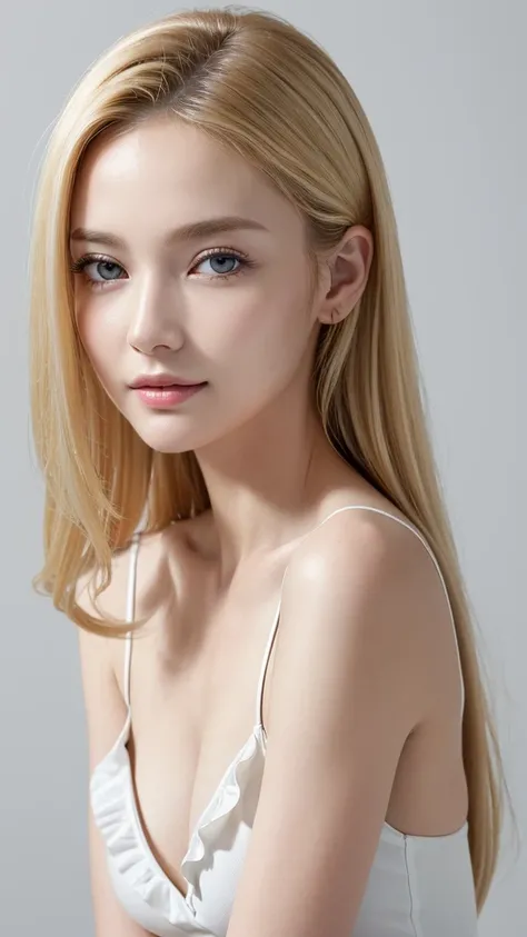 (((Blonde、forehead、Simple plain white background、Frills、race)))、Highest quality, White skin, Real human skin, (Detailed face), Oval Face, pores, Ultra-high resolution, (8K, RAW Photos, Realistic:1.4), One girl, slim, (Big Breasts:1.37), (She looks straight...