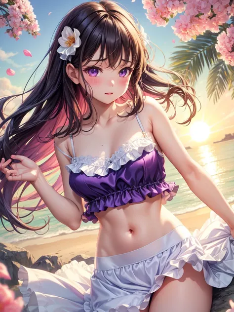 (satin、silk、Ruffled Bra)、Realist, 1 girl, In white, Purple Eyes, Bright Eyes, Crop top, skirt, Chapped lips, blush, evening, Flores, sun, sunlight,