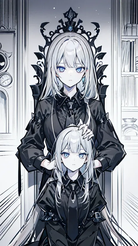 ponytail、silver hair、black suit、beautiful girl、tie、shirt in black、sit on a huge throne、an intimidating laughing expression、blue ...