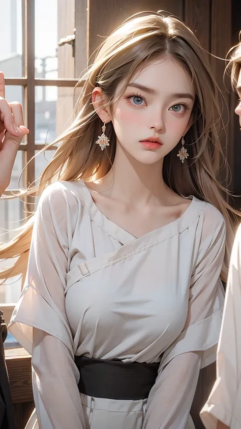 Create an image of a stunning beauty who is half French and half Japanese. She has an exceptionally beautiful face, with striking blue eyes and long, straight blonde hair. She wears a cute dress and has a furrowed brow expression, as if expressing anger an...